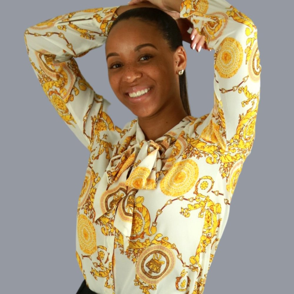 Scarf Print Tie Neck Blouse